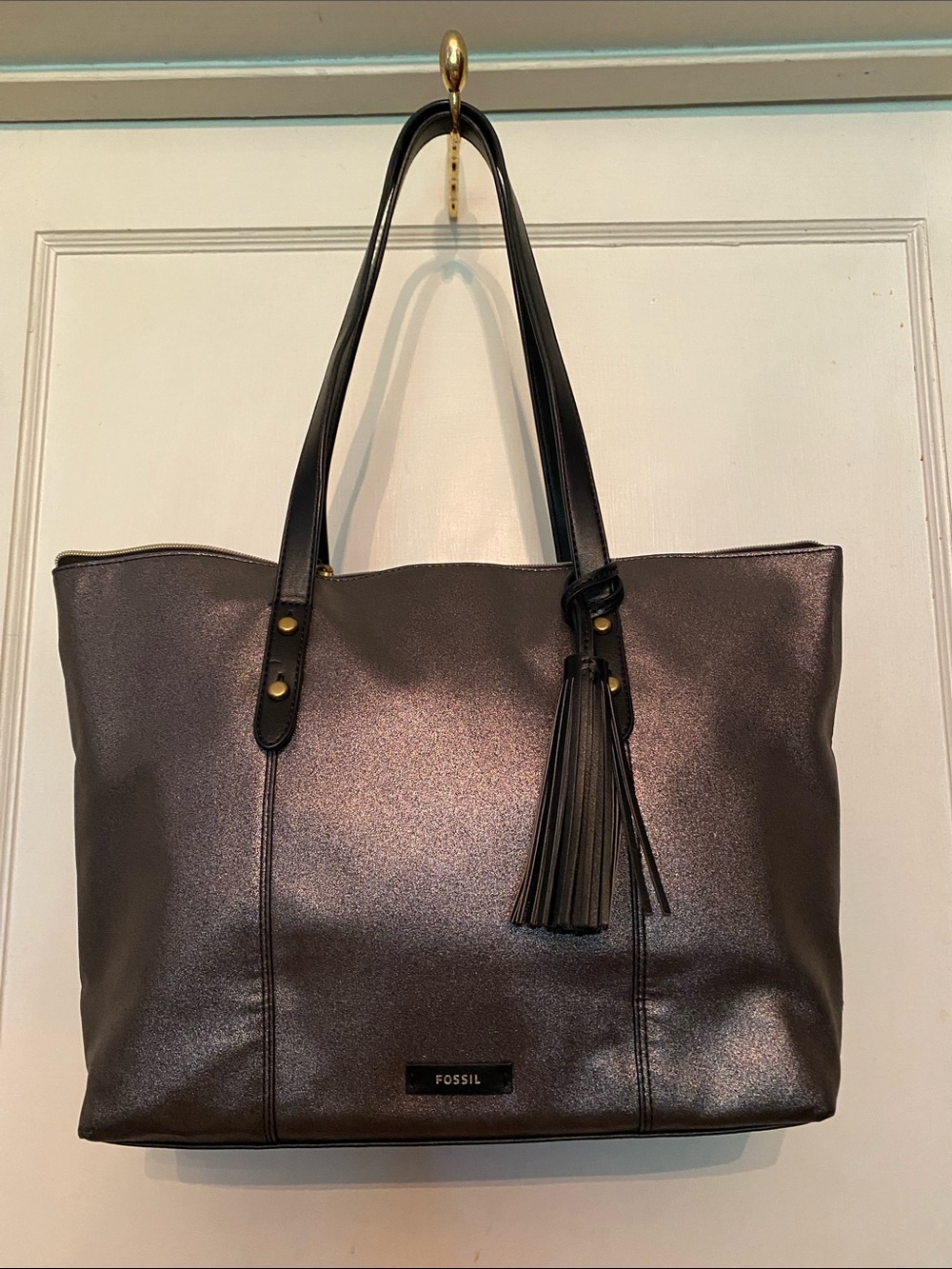 ! Fossil canvas black metallic tote in good condition